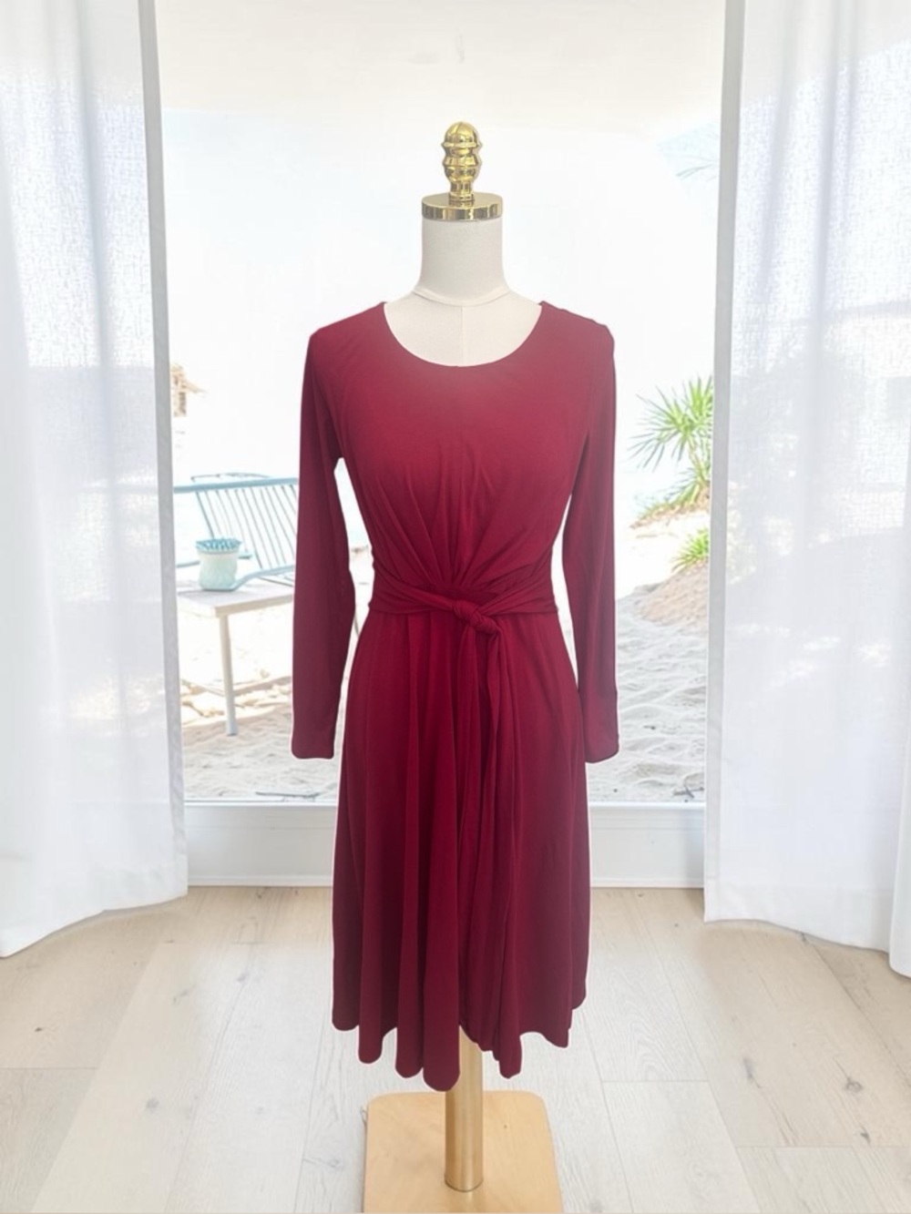 Peruvian Connection Celeste Tie Waist Dress Red/Wine Long Sleeve Sz S